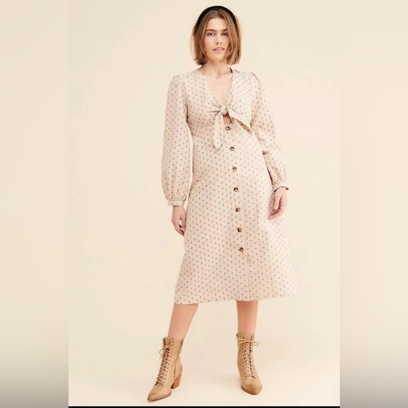 ANTHROPOLOGIE ENGLISH FACTORY FRONT KNOT BUTTON MIDI DRESS SMALL TAN FLANNEL - Picture 1 of 12